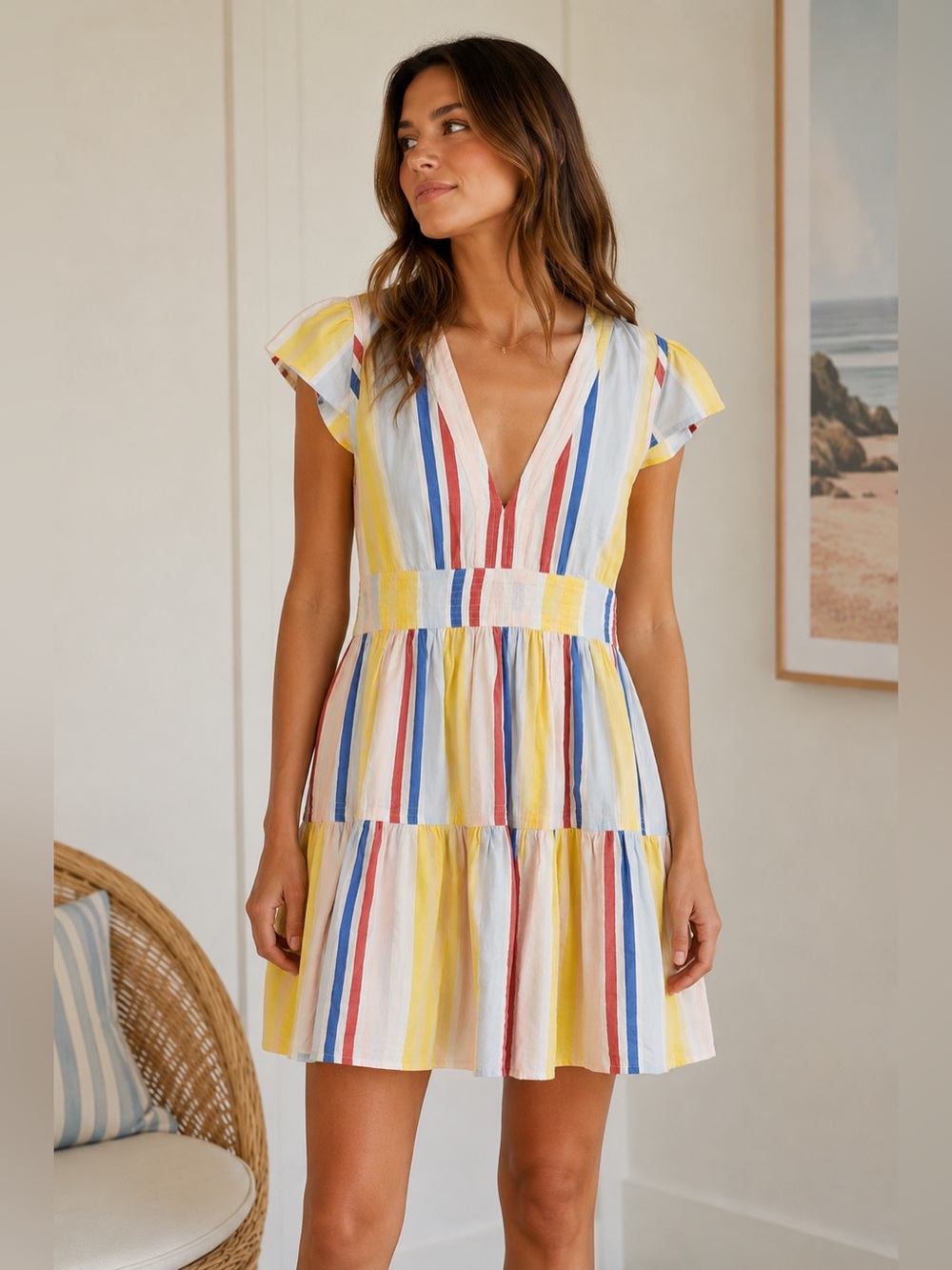 LEMLEM Striped Cotton Blend Multicolor Tiered Mini Dress Size XS